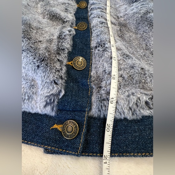 Mebon faux fur denim style coat plush blue outerwear white collar denim trim SM - Picture 9 of 11